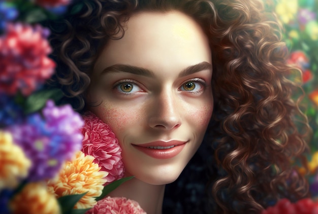 Porträt einer hübschen sinnlichen Frau auf buntem Blumenhintergrund mit Kopienraum generativer ai