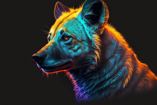 Porträt einer Hyäne in Neonfarben auf einem dunklen Hintergrund generative ai
