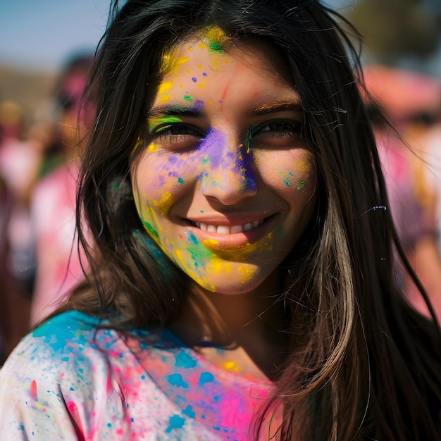 Porträt einer indischen Frau mit einem farbigen Pudergesicht und feiert eine glückliche Holi-Party