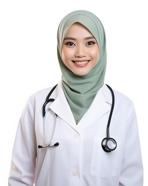 Porträt einer indonesischen muslimischen Ärztin, isoliert auf weißem Hintergrund