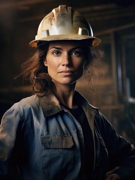 Porträt einer Industriearbeiterin mit Schutzhelm, die für ein Foto posiert