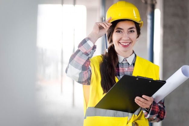 Porträt einer Ingenieurin auf der Baustelle und mit einer Zwischenablage in den Händen