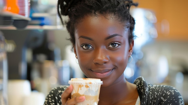 Porträt einer jungen afroamerikanischen Frau, die im Café Kaffee trinkt