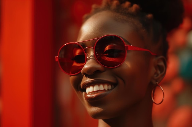 Porträt einer jungen afroamerikanischen Frau. Junge schwarze Frau mit Afro-Frisur und Sonnenbrille, die vor einem roten Hintergrund steht. Generative KI