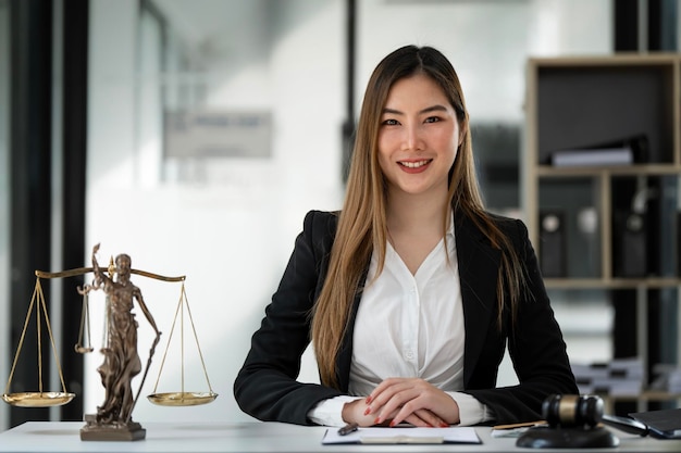 Porträt einer jungen Anwältin oder Anwältin, die im Büro arbeitet, lächelt und in die Kamera schaut