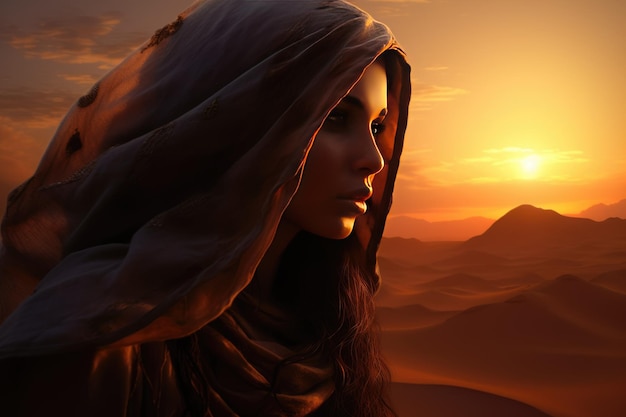 Porträt einer jungen arabischen Frau im Hijab in der Wüste gegen den Sonnenuntergang, das Ai erzeugt hat