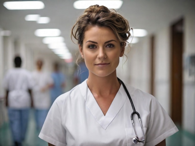 Foto porträt einer jungen arztin in einem weißen mantel, die im krankenhaus steht
