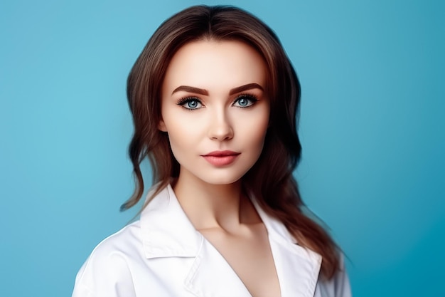 Porträt einer jungen Arztin über einem isolierten blauen Hintergrundraum für textgenerierende KI