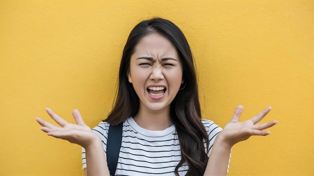 Porträt einer jungen asiatischen Dame mit negativem Gesichtsausdruck, aufgeregt, schreiend, weinend, emotional wütend.