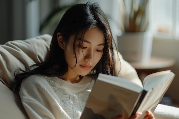 Porträt einer jungen asiatischen Frau, die auf einem Sofa mit einem offenen Buch sitzt und aufmerksam liest