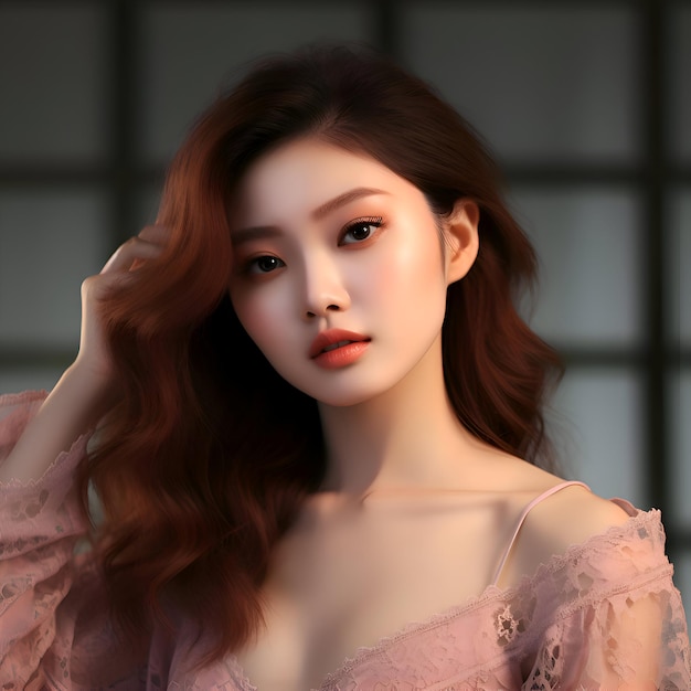 Porträt einer jungen asiatischen Frau mit kastanienbraunen Locken und einer Spitzenbluse, die so romantisch aussieht