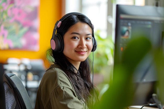 Porträt einer jungen asiatischen Frau mit Kopfhörern, die Musik hört