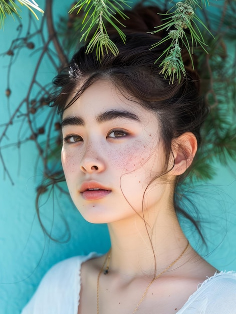 Porträt einer jungen asiatischen Frau mit natürlichem Make-up, die mit Kiefernzweigen in weichem Licht posiert