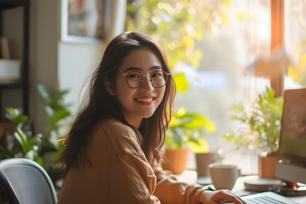 Porträt einer jungen asiatischen Geschäftsfrau mit Brille, die in einem Café an einem Laptop arbeitet