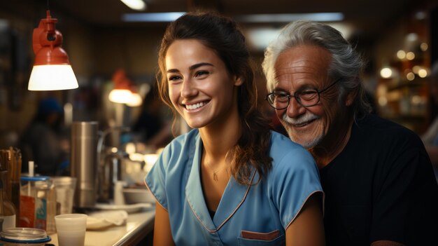 Porträt einer jungen attraktiven Ärztin oder Krankenschwester mit einem älteren Patienten Lächelnder Kliniker in grauer Uniform kommuniziert freundlich mit einem Patienten und schafft eine positive Atmosphäre in einer medizinischen Einrichtung