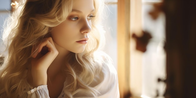Porträt einer jungen blonden Frau mit blauen Augen