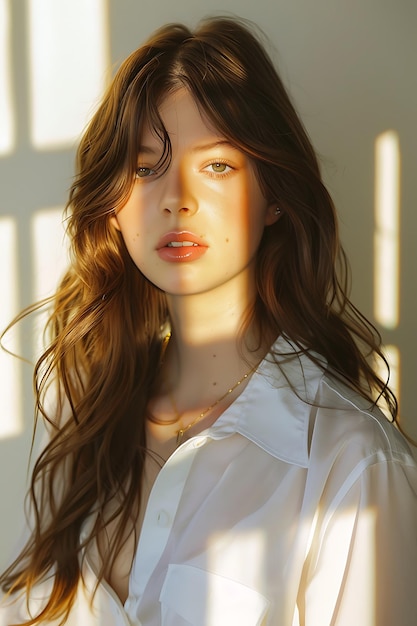 Porträt einer jungen brünetten Frau in weißem Hemd