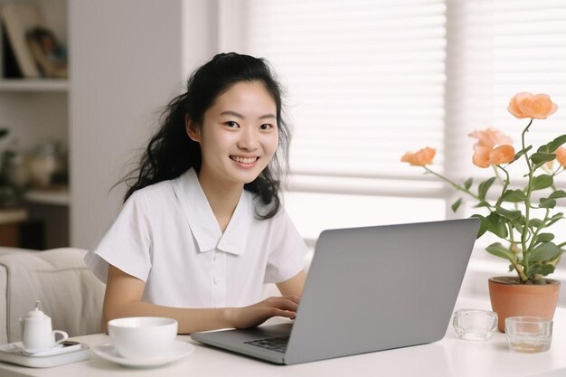 Porträt einer jungen chinesischen Frau, die lächelt, während sie 110 Block benutzt.