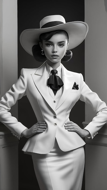 Porträt einer jungen Dame in weißem Anzug, selbstbewusst