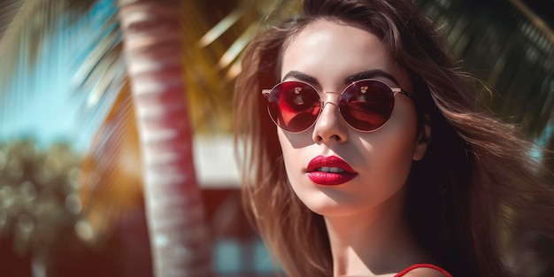 Porträt einer jungen, extrem schönen Kaukasierin mit Sonnenbrille und roter Lippe, die unter einer Kokospalme am Strand steht