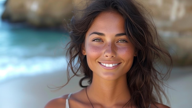 Porträt einer jungen Frau auf See, die in die Kamera schaut, ein lächelndes lateinamerikanisches Mädchen, das am Strand mit Kopierplatz steht und in die Kamera sieht, ein glückliches gemischtes Mädchen in lässiger Kleidung