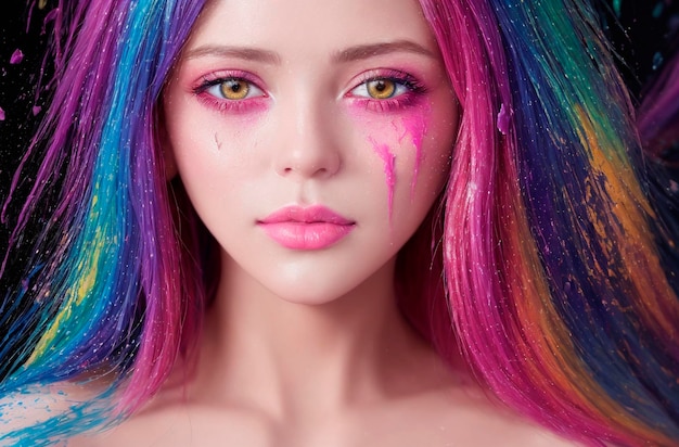 Porträt einer jungen Frau aus bunten bunten Farbspritzern Generative KI