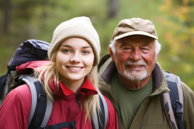 Porträt einer jungen Frau beim Wandern mit ihrem Vater, erstellt mit generativer KI