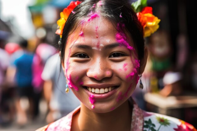 Porträt einer jungen Frau, die beim Songkran-Festival feiert, erstellt mit generativer AI