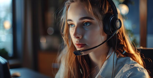 Porträt einer jungen Frau, die ein Callcenter betreibt, generiert von KI