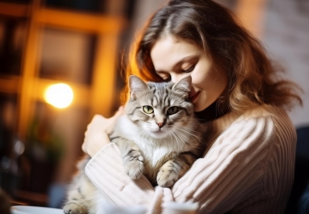 Porträt einer jungen Frau, die ein niedliches Katzenhaus umarmt