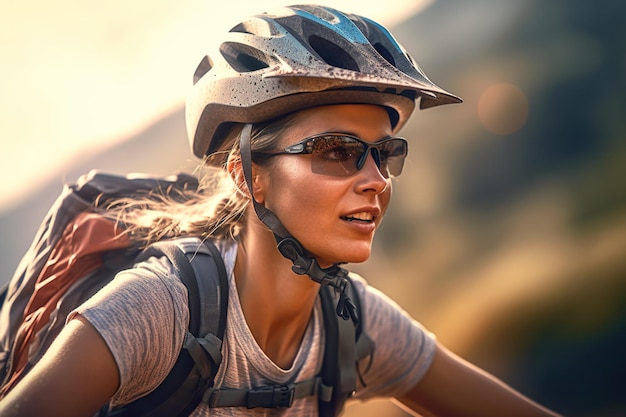 Porträt einer jungen Frau, die ein Sportradfahrer auf einem Bergweg fährt