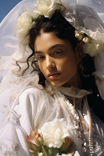 Porträt einer jungen Frau, die ein weißes Kleid und einen Schleier mit Blumen im Haar trägt