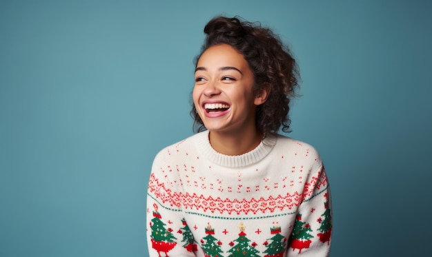 Porträt einer jungen Frau, die einen festlichen Weihnachtspullover trägt