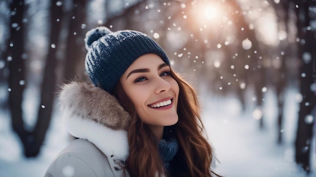 Porträt einer jungen Frau, die glücklich lächelt, während der Schnee fällt. Lassen Sie den leeren Raum. Generative KI