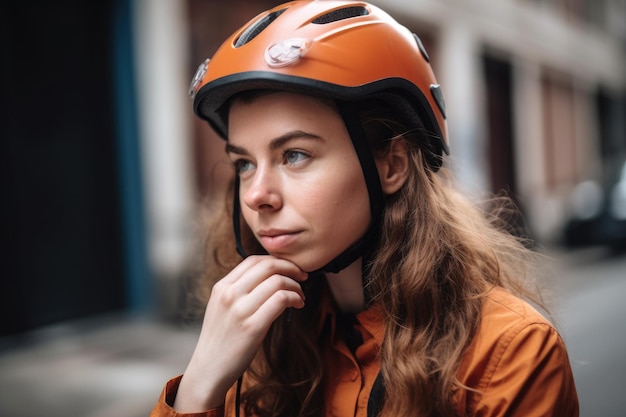 Porträt einer jungen Frau, die ihren Fahrradhelm überprüft, erstellt mit generativer KI