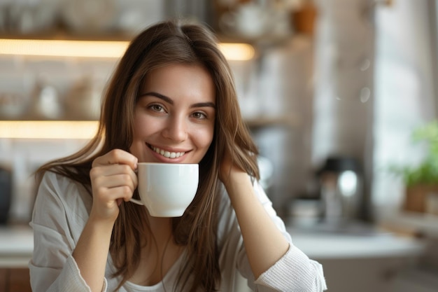 Porträt einer jungen Frau, die im Heimbüro mit Kaffee arbeitet