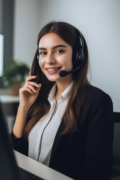 Porträt einer jungen Frau, die in einem Callcenter arbeitet, erstellt mit generativer KI