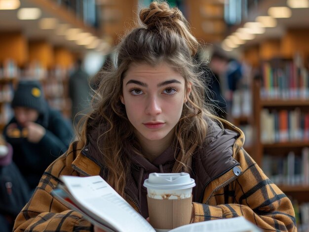 Foto porträt einer jungen frau, die in einer bibliothek studiert