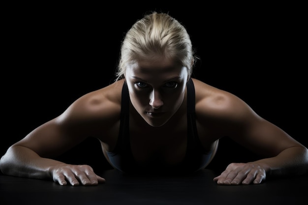 Porträt einer jungen Frau, die Pushups auf schwarzem Hintergrund macht Ein Fitness-Mädchen, das Pushups auf einem schwarzen Hintergrund macht Kopfabschnitt abgeschnitten Gesichter nicht enthüllt KI generiert