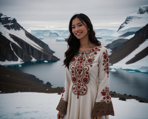 Porträt einer jungen Frau, die vor Eisbergen vor der Kamera lächelt