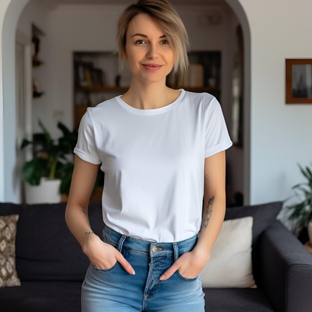 Porträt einer jungen Frau in einem weißen T-Shirt, die im Zimmer sitzt