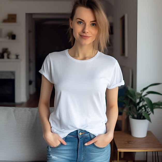 Porträt einer jungen Frau in einem weißen T-Shirt, die im Zimmer sitzt