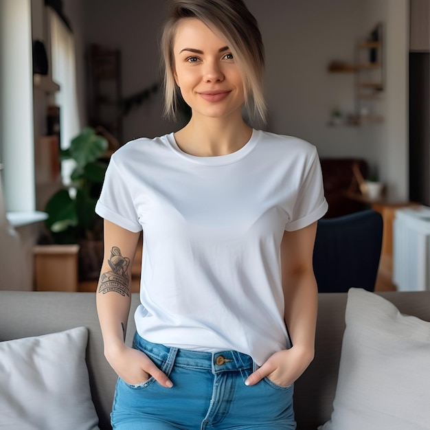 Porträt einer jungen Frau in einem weißen T-Shirt, die im Zimmer sitzt