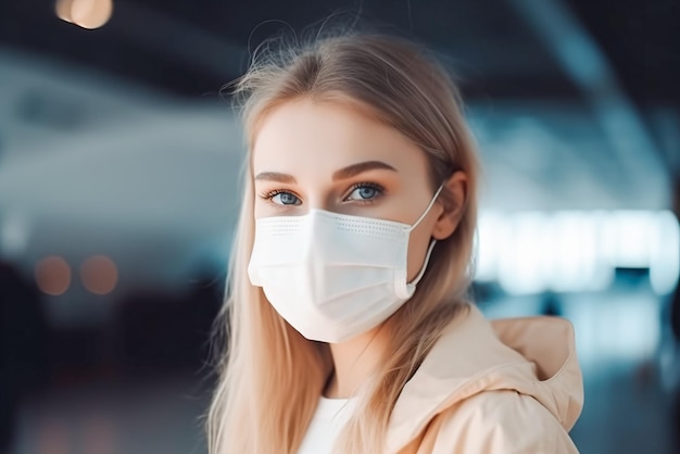 Porträt einer jungen Frau in einer medizinischen Maske, die in einem Flugzeug in die Kamera schaut