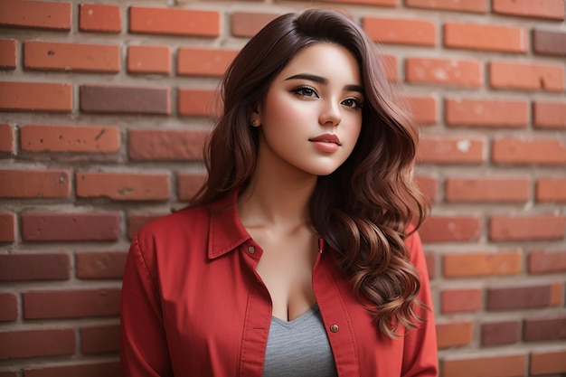Porträt einer jungen Frau in Kleidung auf rotem Backstein
