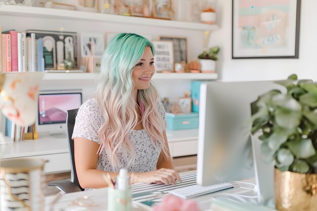 Porträt einer jungen Frau mit blauen Haaren, die zu Hause an einem Computer arbeitet