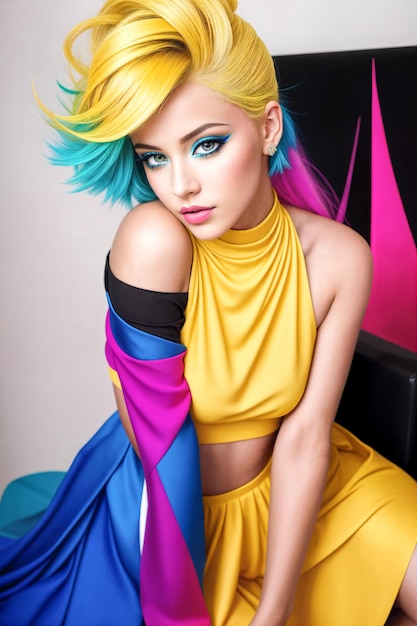 Porträt einer jungen Frau mit gelbem Haar. Digitale kreative Designer-Mode-Glamour-Kunst