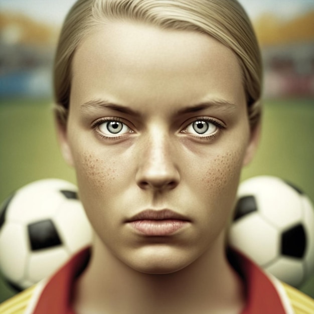 Porträt einer jungen Frau mit generativer KI-Fußballspielerin, die selbstbewusst und entschlossen in die Kamera blickt