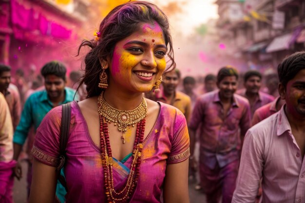 Foto porträt einer jungen frau mit holi-puder