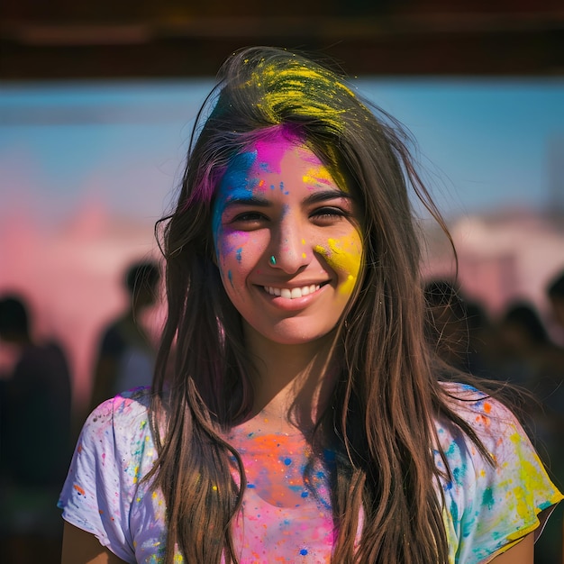 Porträt einer jungen Frau mit Holi-Pulver Happy Holi-Hintergrund